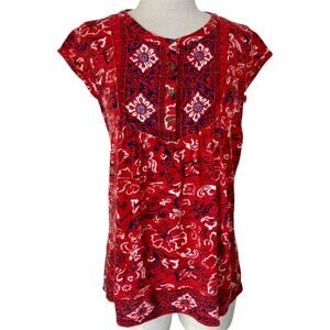 Lucky Brand Red bandana top ladies medium red print cap sleeve boho blouse